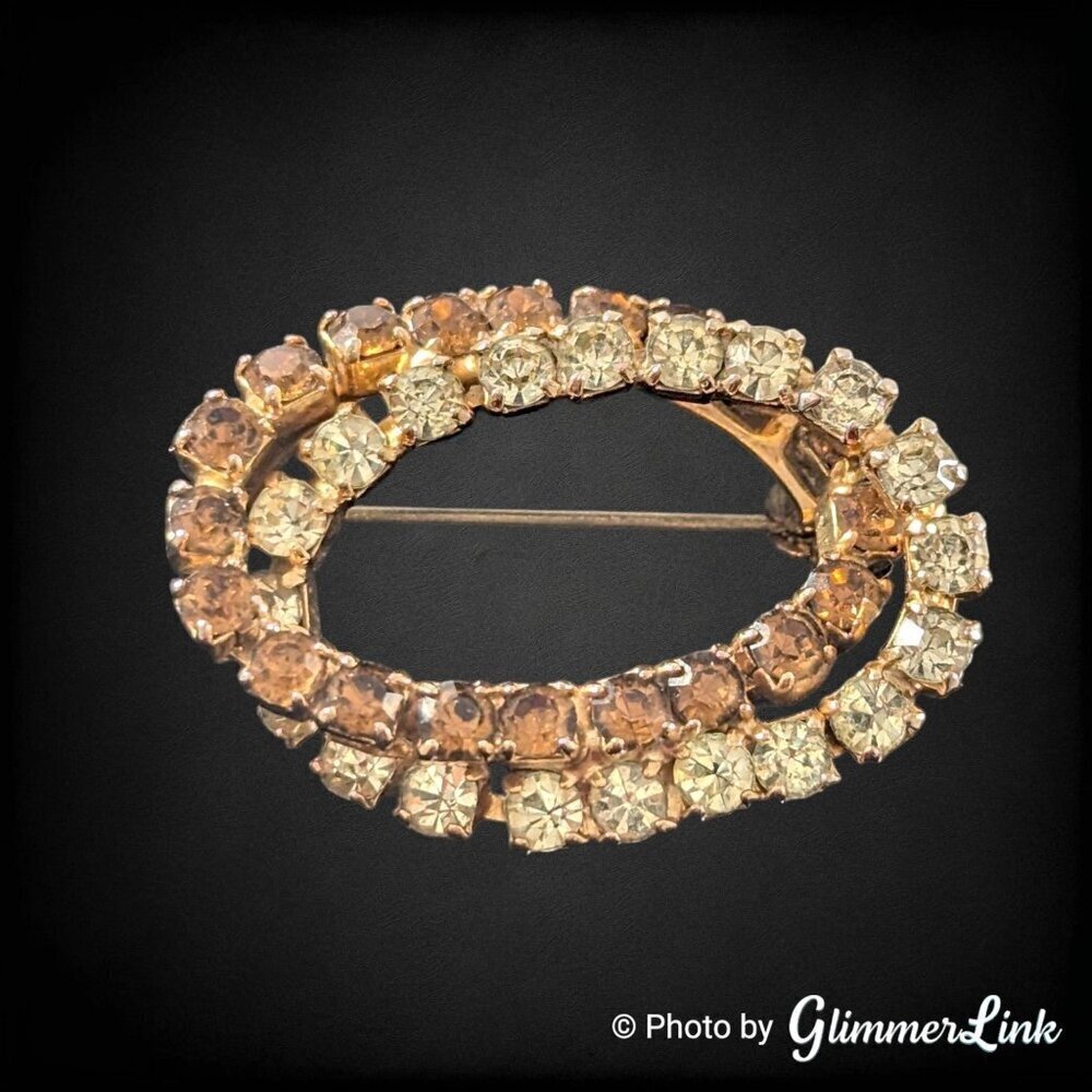 Vintage Brown & Clear Rhinestone Overlapping Oval Gold Tone Brooch